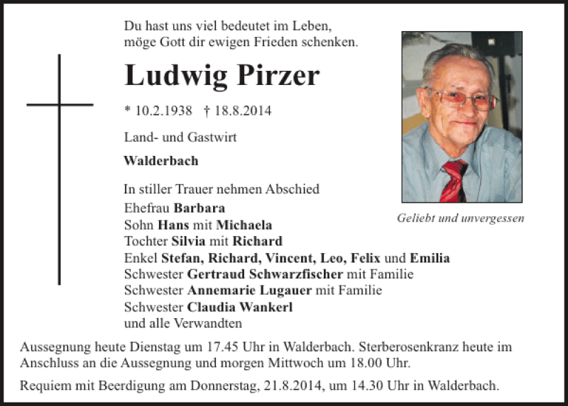  Traueranzeige für Walderbach Ludwig Pirzer vom 19.08.2014 aus Mittelbayerische Zeitung