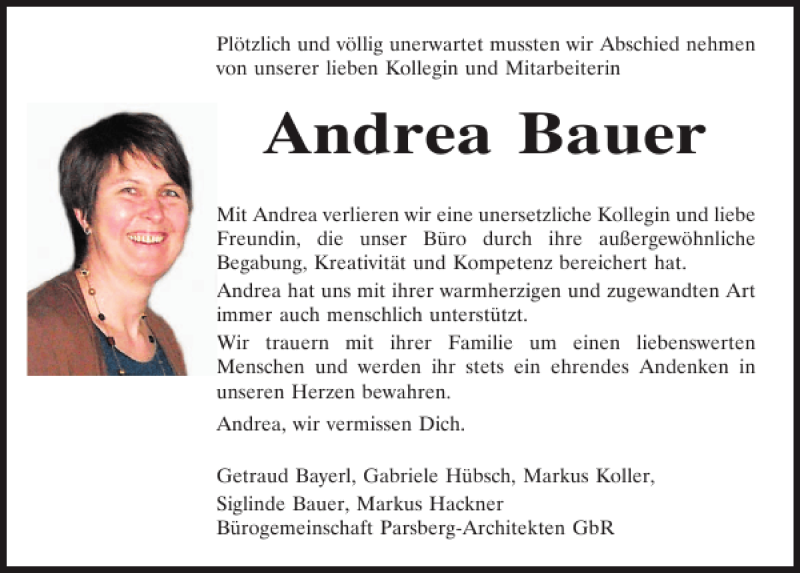  Traueranzeige für Andrea Bauer vom 20.09.2014 aus Mittelbayerische Zeitung