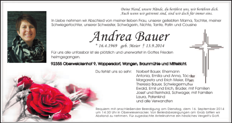  Traueranzeige für Andrea Bauer vom 15.09.2014 aus Mittelbayerische Zeitung