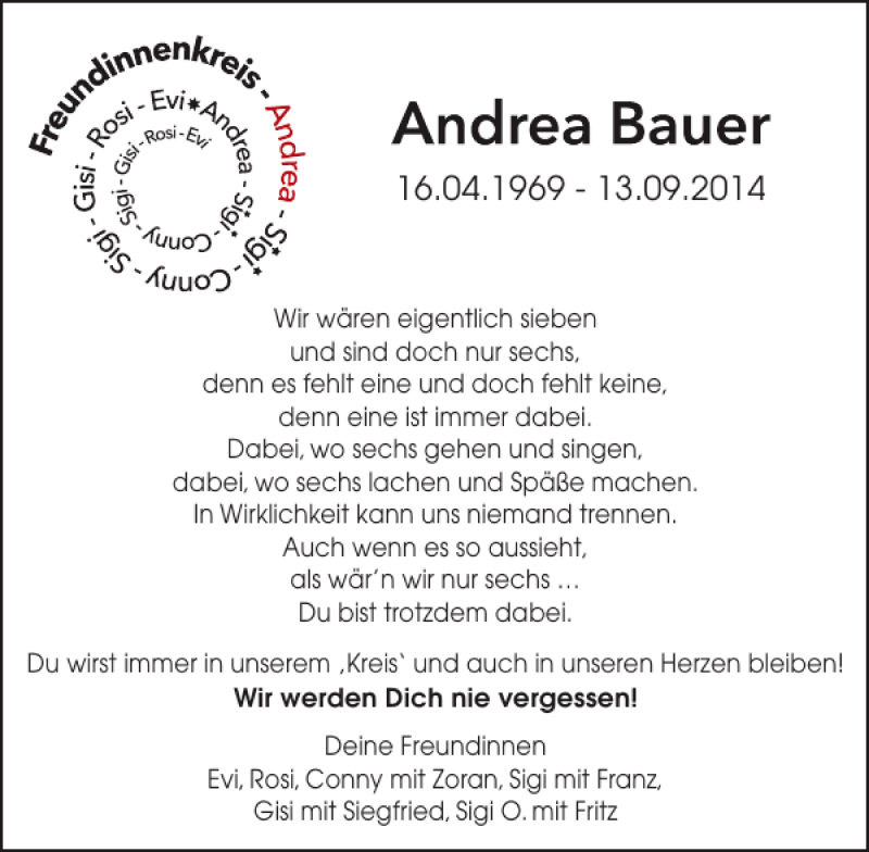  Traueranzeige für Andrea Bauer vom 20.09.2014 aus Mittelbayerische Zeitung