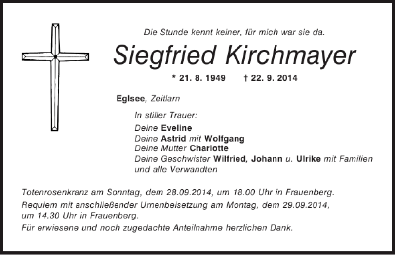  Traueranzeige für Eglsee Siegfried Kirchmayer vom 26.09.2014 aus Mittelbayerische Zeitung