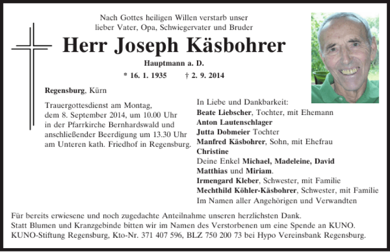  Traueranzeige für Joseph Käsbohrer vom 06.09.2014 aus Mittelbayerische Zeitung