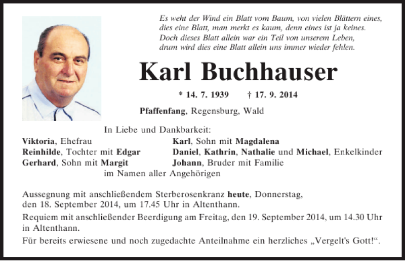  Traueranzeige für Karl Buchhauser vom 18.09.2014 aus Mittelbayerische Zeitung