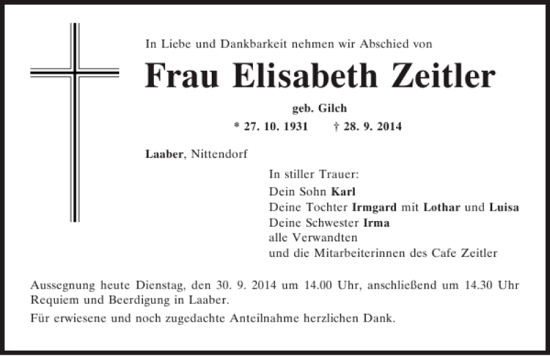  Traueranzeige für Laaber Frau Elisabeth Zeitler vom 30.09.2014 aus Mittelbayerische Zeitung