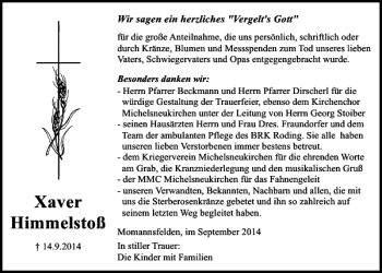 Traueranzeige von Momannsfelden Franz Xaver Himmelstoß von Mittelbayerische Zeitung