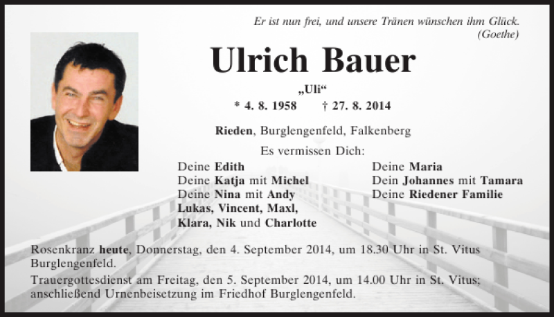  Traueranzeige für Ulrich Bauer vom 04.09.2014 aus Mittelbayerische Zeitung