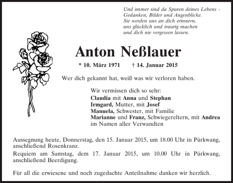  Traueranzeige für Anton Neßlauer vom 15.01.2015 aus Mittelbayerische Zeitung