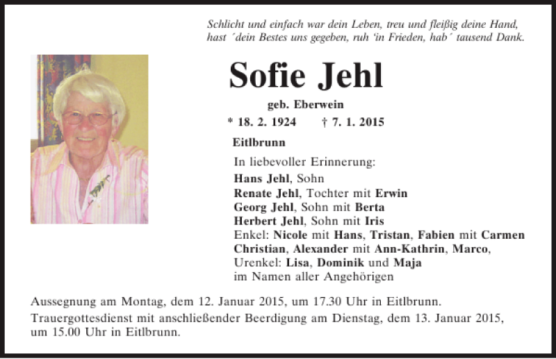  Traueranzeige für Eitlbrunn Sofie Jehl vom 10.01.2015 aus Mittelbayerische Zeitung