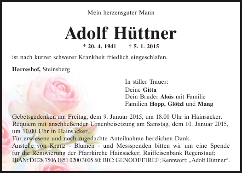  Traueranzeige für Harreshof Adolf Hüttner vom 08.01.2015 aus Mittelbayerische Zeitung