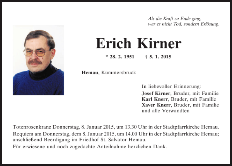  Traueranzeige für Hemau Erich Kirner vom 07.01.2015 aus Mittelbayerische Zeitung