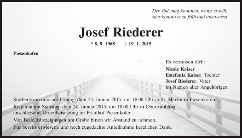  Traueranzeige für Josef Riederer vom 21.01.2015 aus Mittelbayerische Zeitung