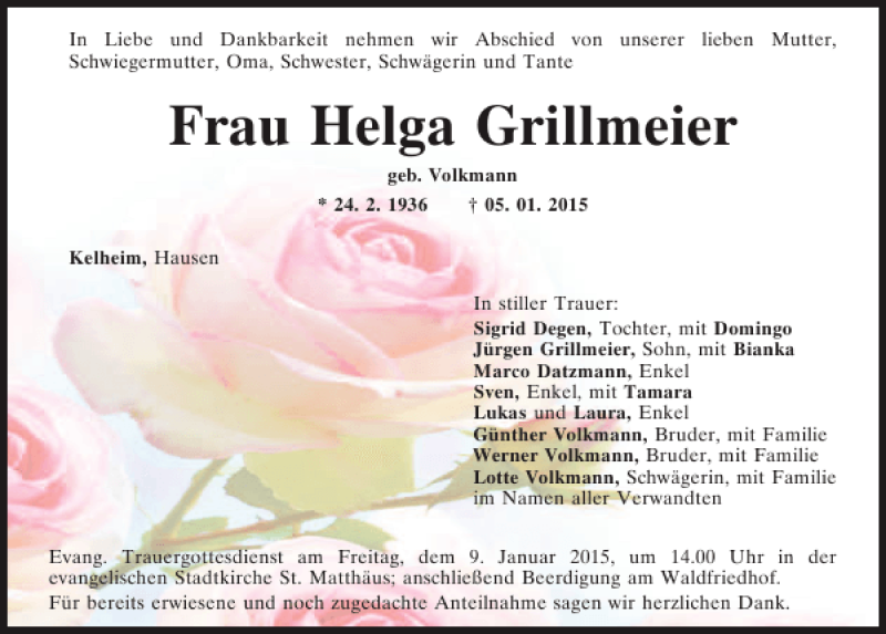  Traueranzeige für Kelheim Helga Grillmeier vom 08.01.2015 aus Mittelbayerische Zeitung