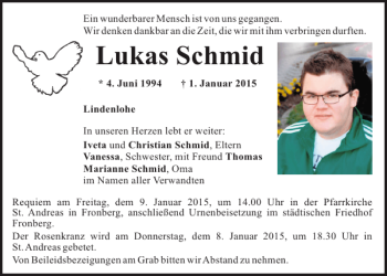 Traueranzeige von Lindenlohe Lukas Schmid von Mittelbayerische Zeitung
