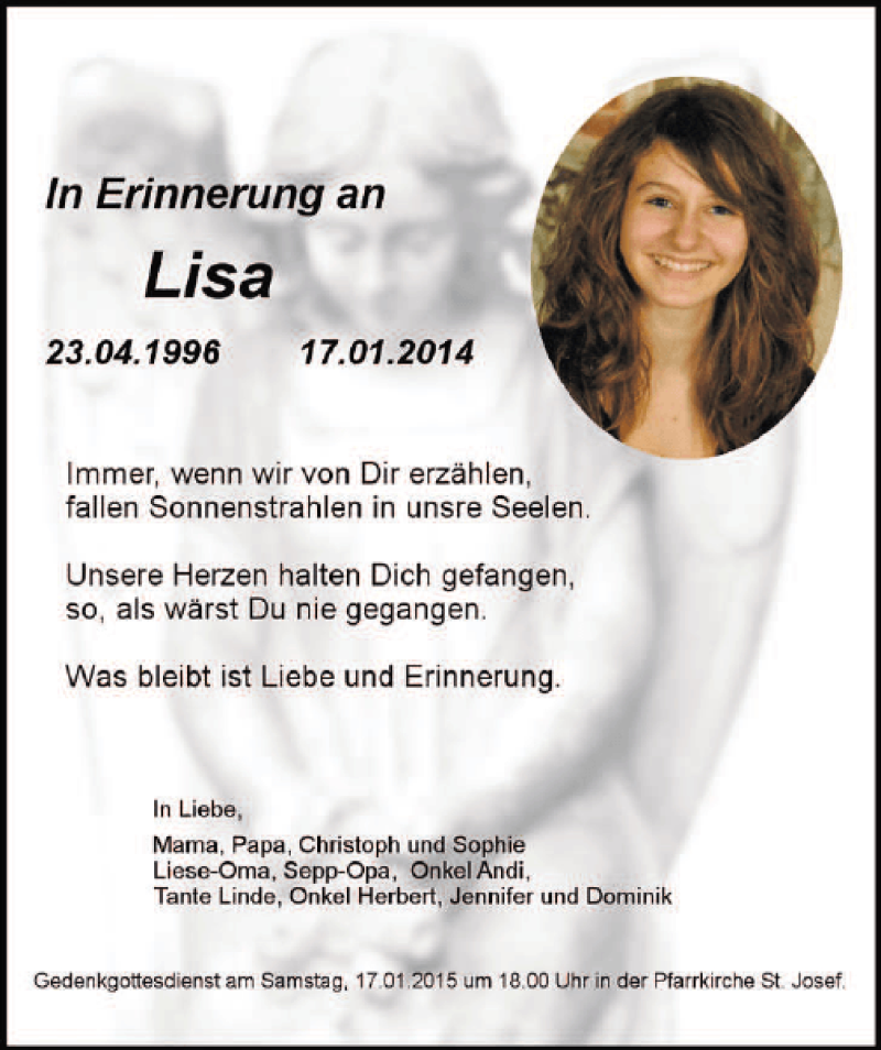  Traueranzeige für Lisa Metschl vom 17.01.2015 aus Mittelbayerische Zeitung