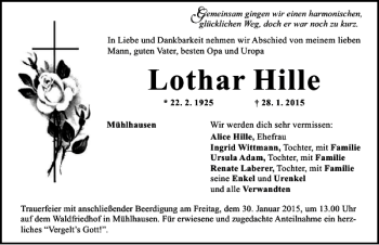 Traueranzeige von Mühlhausen Lothar Hille von Mittelbayerische Zeitung