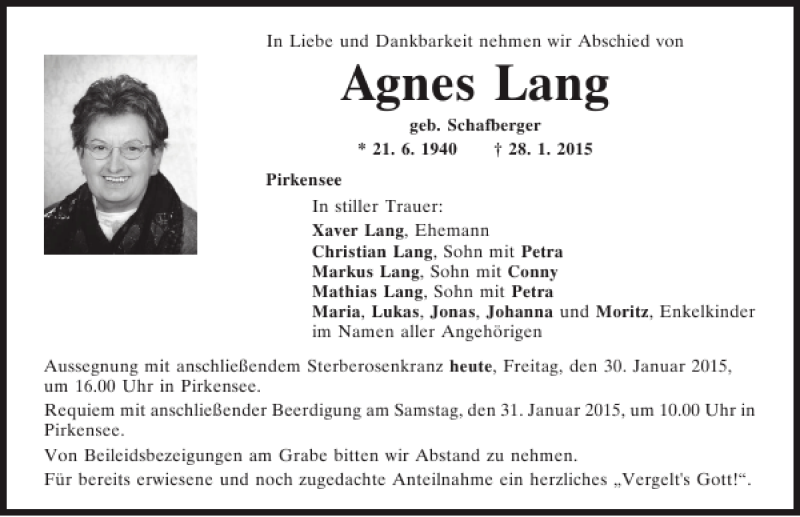  Traueranzeige für Pirkensee Agnes Lang vom 30.01.2015 aus Mittelbayerische Zeitung