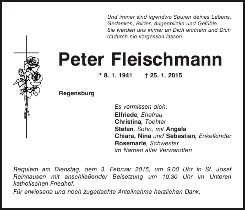  Traueranzeige für Regensburg Peter Fleischmann vom 31.01.2015 aus Mittelbayerische Zeitung