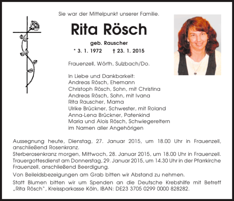  Traueranzeige für Rita Rösch vom 27.01.2015 aus Mittelbayerische Zeitung