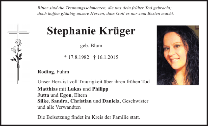  Traueranzeige für Stephanie  Krüger vom 21.01.2015 aus Mittelbayerische Zeitung