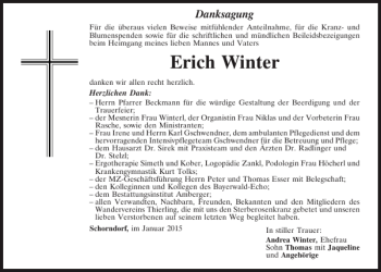 Traueranzeige von Schorndorf Erich Winter von Mittelbayerische Zeitung