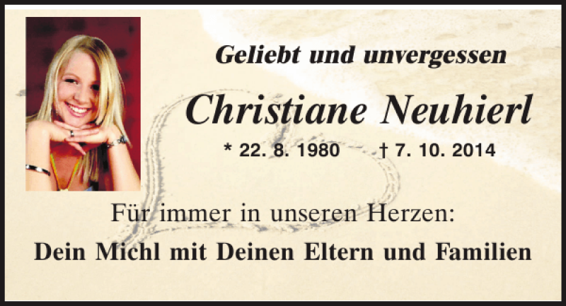  Traueranzeige für Christiane Neuhierl vom 07.10.2015 aus Mittelbayerische Zeitung Schwandorf