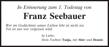 Traueranzeige von Franz Seebauer von Mittelbayerische Zeitung Schwandorf