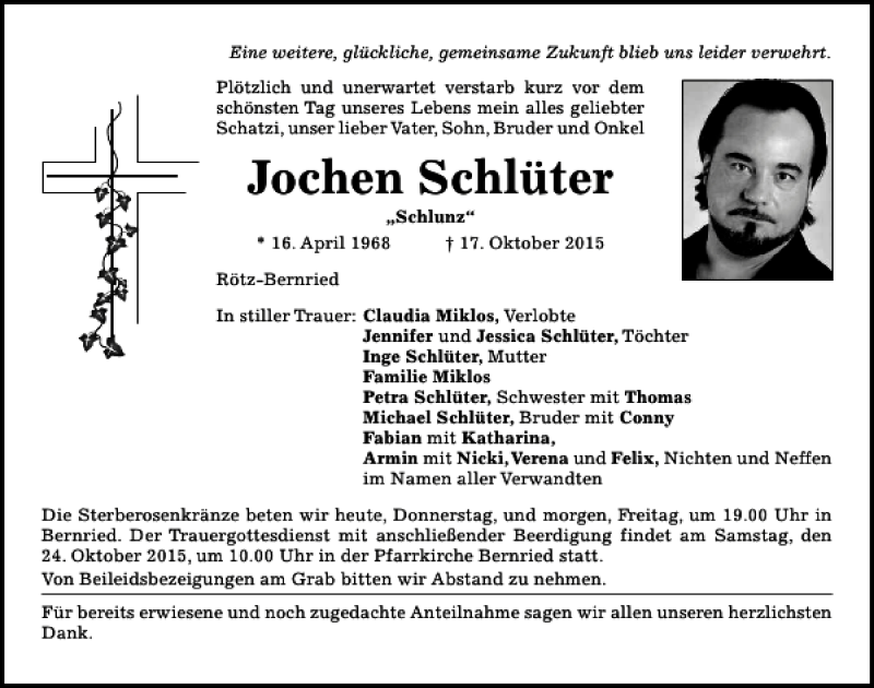  Traueranzeige für Jochen Schlüter vom 22.10.2015 aus Bayerwald Echo