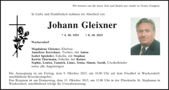 Traueranzeige von Johann Gleixner von Mittelbayerische Zeitung Regensburg