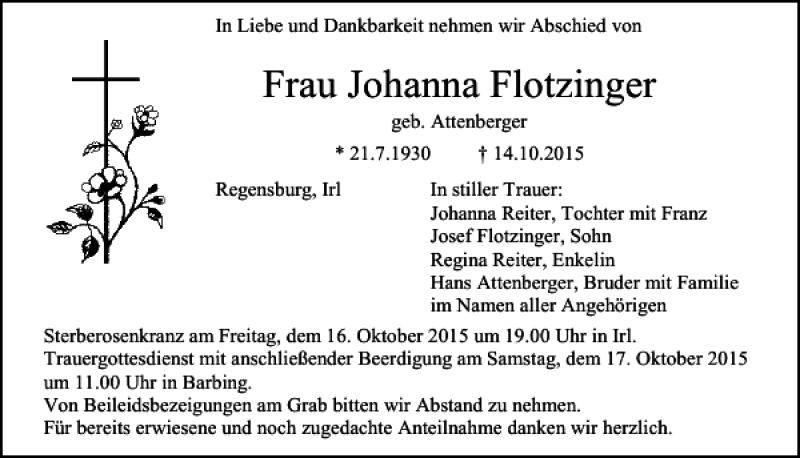  Traueranzeige für Johanna Flotzinger vom 15.10.2015 aus Mittelbayerische Zeitung Regensburg