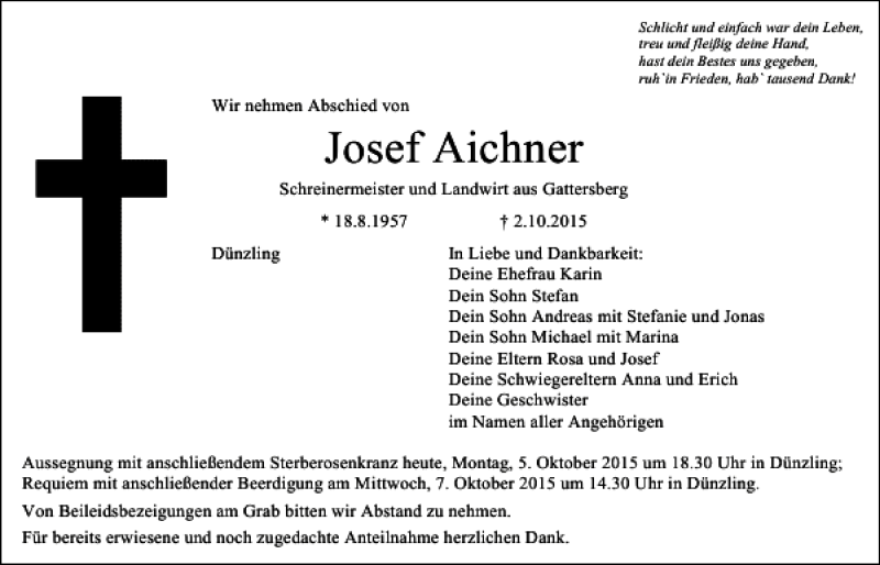  Traueranzeige für Josef Aichner vom 05.10.2015 aus Mittelbayerische Zeitung Regensburg