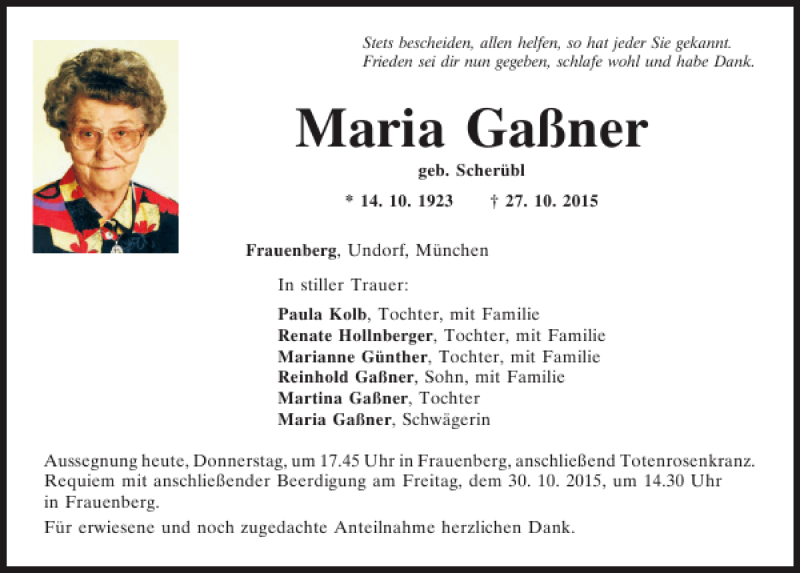  Traueranzeige für Maria Gaßner vom 29.10.2015 aus Mittelbayerische Zeitung Regensburg
