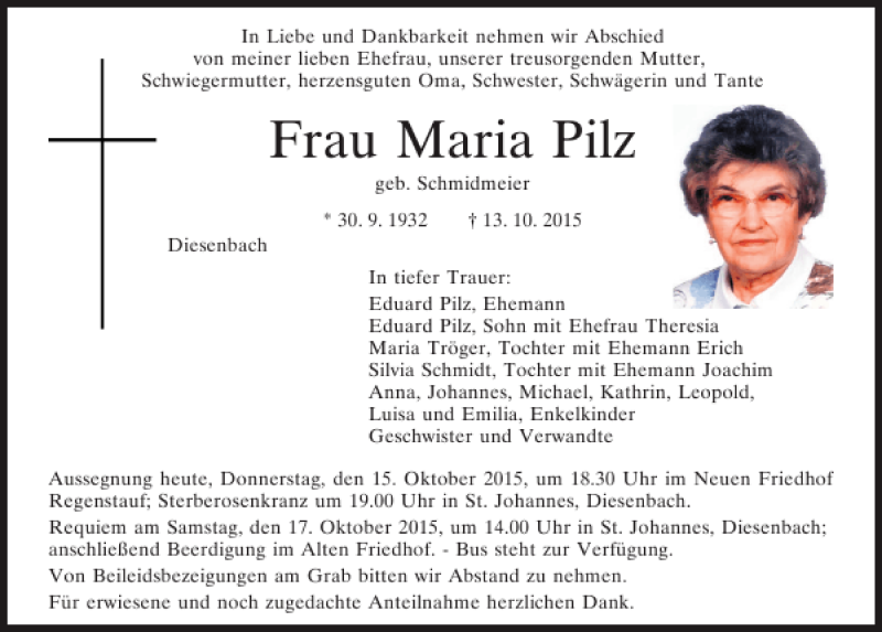  Traueranzeige für Maria Pilz vom 15.10.2015 aus Mittelbayerische Zeitung Regensburg