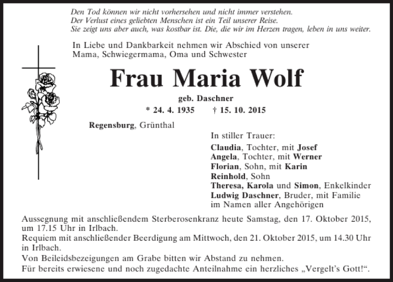  Traueranzeige für Maria Wolf vom 17.10.2015 aus Mittelbayerische Zeitung Regensburg