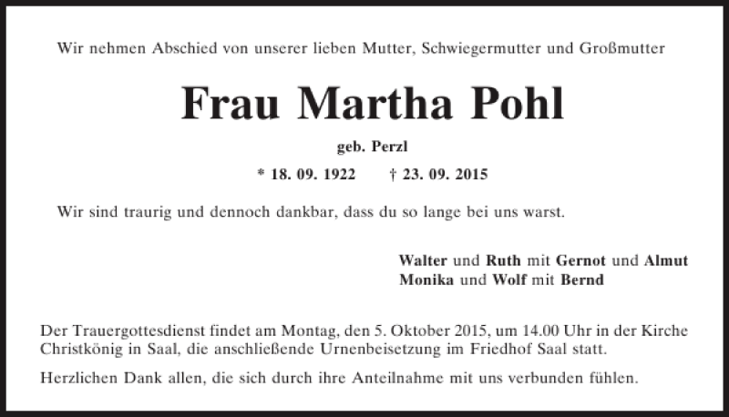  Traueranzeige für Martha Pohl vom 01.10.2015 aus Mittelbayerische Zeitung Kelheim