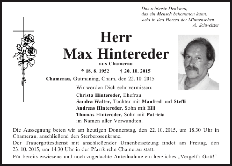 Traueranzeigen von Max Hintereder | Mittelbayerische Trauer