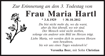 Traueranzeige von Memoriam Maria Hartl von Mittelbayerische Zeitung Schwandorf