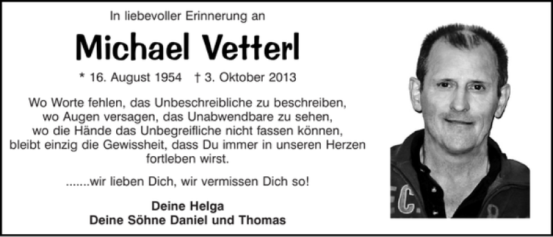  Traueranzeige für Michael Vetterl vom 02.10.2015 aus Mittelbayerische Zeitung Schwandorf