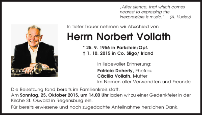  Traueranzeige für Norbert Vollath vom 24.10.2015 aus Mittelbayerische Zeitung Schwandorf