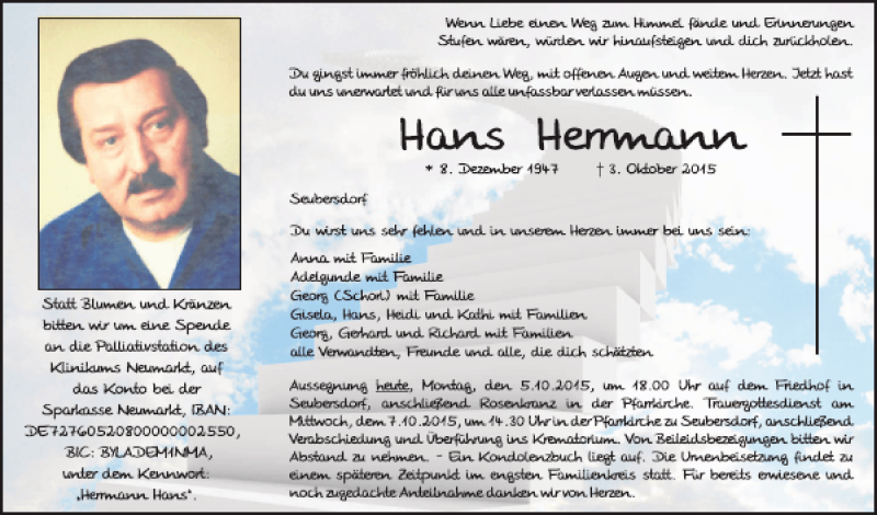  Traueranzeige für Seubersdorf Hans Herrmann vom 05.10.2015 aus Neumarkter Tagblatt