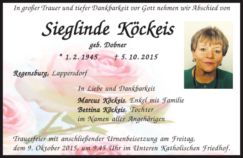  Traueranzeige für Sieglinde Köckeis vom 07.10.2015 aus Mittelbayerische Zeitung Regensburg