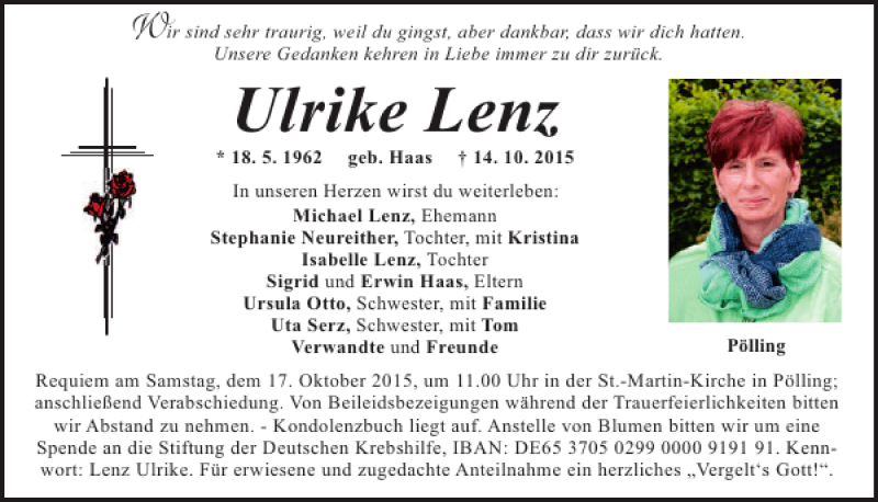  Traueranzeige für geb. Haas Ulrike Lenz vom 16.10.2015 aus Neumarkter Tagblatt