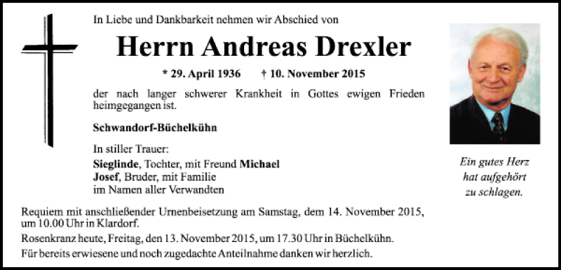  Traueranzeige für Andreas Drexler vom 13.11.2015 aus Mittelbayerische Zeitung Schwandorf