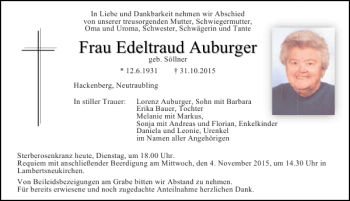 Traueranzeige von Edeltraud Auburger von Mittelbayerische Zeitung Regensburg