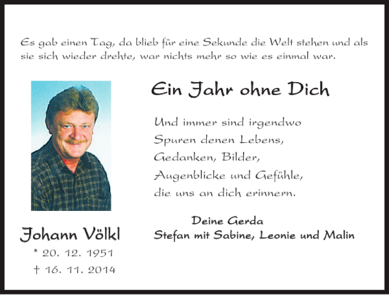  Traueranzeige für Johann Völkl vom 16.11.2015 aus Mittelbayerische Zeitung Regensburg
