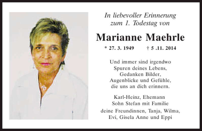  Traueranzeige für Marianne Maehrle vom 05.11.2015 aus Mittelbayerische Zeitung Regensburg