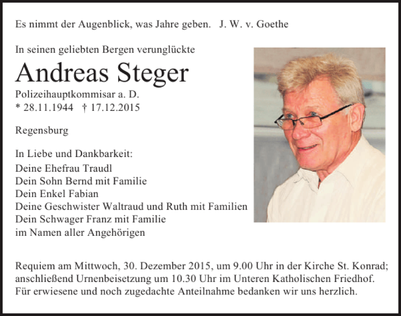  Traueranzeige für Andreas Steger vom 28.12.2015 aus Mittelbayerische Zeitung Regensburg