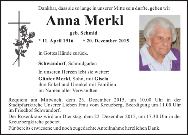  Traueranzeige für Anna Merkl vom 21.12.2015 aus Mittelbayerische Zeitung Schwandorf