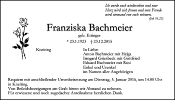 Traueranzeige von Franziska Bachmeier von Mittelbayerische Zeitung Regensburg