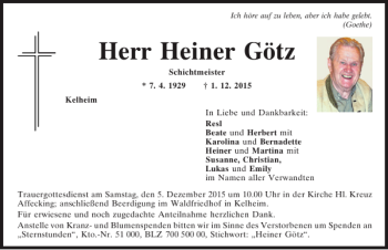 Traueranzeige von Heiner Götz von Mittelbayerische Zeitung Kelheim