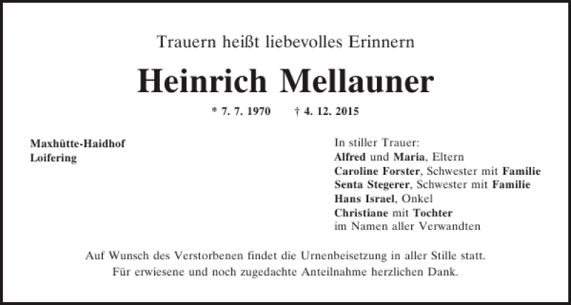  Traueranzeige für Heinrich Mellauner vom 09.12.2015 aus Mittelbayerische Zeitung Schwandorf